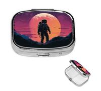 Pastillero de astronauta con espejo, 2 compartimentos, decorativo, para bolso o bolsillo, organizador de píldoras cuadrado pequeño, organizador semanal de metal, medicina, tableta, vitaminas, regalo