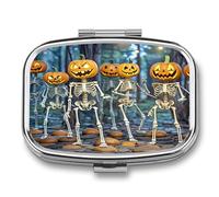 Pastillero de baile de esqueleto de calabaza, 2 compartimentos, organizador de píldoras de viaje para bolsillo, pequeño pastillero portátil, soporte de metal para medicamentos para contener vitaminas