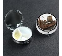 Pastillero de barco vikingo antiguo con 3 compartimentos, organizador de pastillas de viaje portátil para bolsillo o bolso, caja de medicina redonda decorativa, contenedor de vitaminas