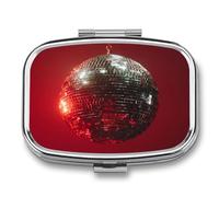 Pastillero de bola de discoteca plateada en rojo, 2 compartimentos, portátil, organizador de píldoras de viaje para bolso de bolsillo