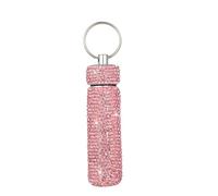 Pastillero de bolsillo con diamantes de imitación, portátil, impermeable, con llavero, para viajes, al aire libre, camping (rosa)