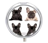 Pastillero de bulldog francés con 3 compartimentos, organizador de pastillas de viaje 3 veces al día, lindo mini pastillero para bolso y bolsillo, caja de medicina portátil de metal con espejo