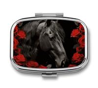 Pastillero de caballo negro sobre un fondo de rosas rojas, 2 compartimentos, pastillero portátil con espejo para bolso de bolsillo, viaje, mini organizador de medicamentos de metal para vitaminas y