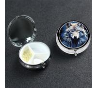 Pastillero de cabeza de lobo sobre fondo azul, pastillero de metal con 3 compartimentos, organizador portátil de pastillas de viaje para bolsillo o bolso, caja redonda decorativa para medicinas,