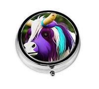 Pastillero de cabeza de vaca colorida, organizador redondo de 3 compartimentos y pastillero de viaje portátil para viajes.