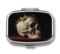 Pastillero de calavera antigua con rama de olivo con 2 compartimentos portátil, organizador de pastillas de viaje para bolso de bolsillo