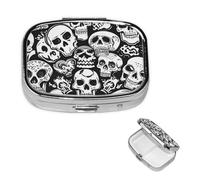 Pastillero de calavera con espejo, 2 compartimentos, decorativo, para bolso o bolsillo, organizador de píldoras cuadrado pequeño, organizador de píldoras semanal, metal, medicina, tableta, vitaminas