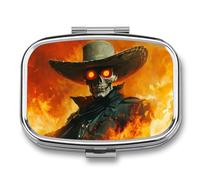 Pastillero de calavera de vaquero con llamas, pastillero portátil de 2 compartimentos, organizador de pastillas de viaje para bolso de bolsillo