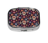 Pastillero de calavera mexicana, organizador de píldoras de metal, pastillero portátil para bolsillo o bolso, organizador decorativo de medicamentos, contenedor de vitaminas