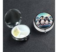 Pastillero de cinco lindos pingüinos de metal con 3 compartimentos, organizador de pastillas de viaje portátil para bolsillo o bolso, caja redonda de medicinas, contenedor de vitaminas