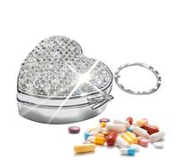Pastillero de con forma de corazón, soporte para medicamentos con diamantes brillantes, organizador de metal portátil | Contenedor de almacenamiento elegante para mujer, diseño de compartiment