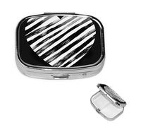 Pastillero de corazón a rayas blancas y negras con espejo, 2 compartimentos pequeños para bolso o bolsillo, mini pastillero de metal para viajes, semanal, medicina, tableta, organizador de vitaminas
