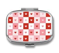 Pastillero de cuadros de San Valentín, diseño de corazones rosados, pastillero portátil con 2 compartimentos, organizador de pastillas de viaje para bolso de bolsillo