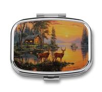Pastillero de dos ciervos para cabaña de troncos antiguos, barco, atardecer, pastillero portátil con 2 compartimentos, organizador de pastillas de viaje para bolso de bolsillo