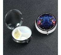 Pastillero de dos colibríes bajo el cielo estrellado con 3 compartimentos de metal, organizador portátil de pastillas de viaje para bolsillo o bolso, caja redonda decorativa para medicinas, contenedor