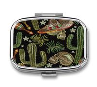 Pastillero De Dos Compartimentos Black Cactus Sugar Skull Straw Hat Caja De Pastillas Con Espejo, Caja De Almacenamiento Cuadrada Portátil A De Humedad Con Dispensador De Metal