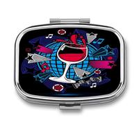 Pastillero De Dos Compartimentos Copa De Vino Tinto Caja De Pastillas Con Espejo, Caja De Almacenamiento Cuadrada Portátil A De Humedad Con Dispensador De Metal