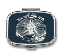 Pastillero De Dos Compartimentos Deja Que El Mar Te Libere Caja De Pastillas Con Espejo, Caja De Almacenamiento Cuadrada Portátil A De Humedad Con Dispensador De Metal