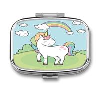 Pastillero De Dos Compartimentos Dibujo Animado De Unicornio Lindo Caja De Pastillas Con Espejo, Caja De Almacenamiento Cuadrada Portátil A De Humedad Con Dispensador De Metal