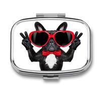 Pastillero De Dos Compartimentos French Bulldog Dog Happy Caja De Pastillas Con Espejo, Caja De Almacenamiento Cuadrada Portátil A De Humedad Con Dispensador De Metal
