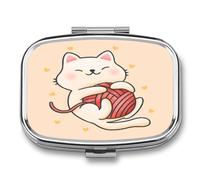 Pastillero De Dos Compartimentos Funny Cat Playing With Yarn Caja De Pastillas Con Espejo, Caja De Almacenamiento Cuadrada Portátil A De Humedad Con Dispensador De Metal