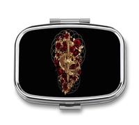 Pastillero De Dos Compartimentos Golden Rose Skull Caja De Pastillas Con Espejo, Caja De Almacenamiento Cuadrada Portátil A De Humedad Con Dispensador De Metal