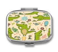 Pastillero De Dos Compartimentos Linda Flor Y Pájaro De Cocodrilo Caja De Pastillas Con Espejo, Caja De Almacenamiento Cuadrada Portátil A De Humedad Con Dispensador De Metal