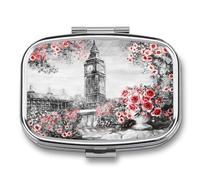 Pastillero De Dos Compartimentos Londres Big Ben Flores Jardín Paisaje Caja De Pastillas Con Espejo, Caja De Almacenamiento Cuadrada Portátil A De Humedad Con Dispensador De Metal