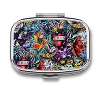 Pastillero De Dos Compartimentos Sugar Skull Mermaid Caja De Pastillas Con Espejo, Caja De Almacenamiento Cuadrada Portátil A De Humedad Con Dispensador De Metal