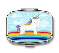 Pastillero De Dos Compartimentos Unicornio Arcoiris Azul Caja De Pastillas Con Espejo, Caja De Almacenamiento Cuadrada Portátil A De Humedad Con Dispensador De Metal
