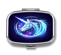 Pastillero De Dos Compartimentos Unicornio Azul Caja De Pastillas Con Espejo, Caja De Almacenamiento Cuadrada Portátil A De Humedad Con Dispensador De Metal