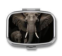 Pastillero de elefante negro con 2 compartimentos, pastillero portátil con espejo para bolso de bolsillo, mini organizador de medicamentos de metal para vitaminas y aceite de pescado