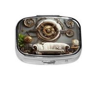 Pastillero de estilo steampunk con representación 3D para viajes, organizador cuadrado portátil con compartimentos para medicamentos, vitaminas y suplementos, diseño de metal duradero.