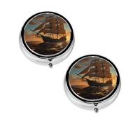 Pastillero de fantasía con impresión de barco pirata, 3 compartimentos, portátil, para bolsillo o bolso, organizador de píldoras decorativo de metal, organizador de vitaminas, regalo único