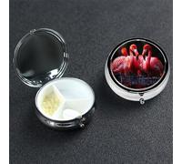Pastillero de flamencos en fondo negro con 3 compartimentos, organizador de pastillas de viaje portátil para bolsillo o bolso, caja de medicina redonda decorativa, contenedor de vitaminas