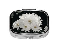 Pastillero de flores blancas, organizador de píldoras de metal, pastillero portátil para bolsillo o bolso, organizador decorativo de medicamentos, contenedor de vitaminas