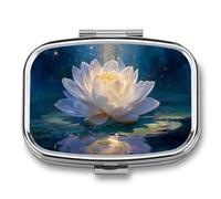 Pastillero de flores de loto blanco brillante, 2 compartimentos, portátil, organizador de pastillas de viaje para bolso de bolsillo