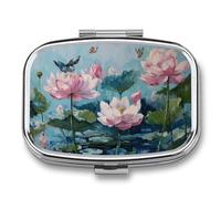 Pastillero de flores de loto rosa con 2 compartimentos, portátil, organizador de pastillas de viaje para bolso de bolsillo