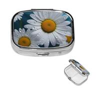 Pastillero de flores de margaritas con espejo, 2 compartimentos, decorativo, para bolso o bolsillo, organizador de píldoras cuadrado pequeño, organizador de píldoras semanal, tableta de medicina