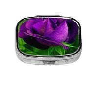 Pastillero de flores de rosa morada, organizador de píldoras de metal, pastillero portátil para bolsillo o bolso, organizador decorativo de medicamentos, contenedor de vitaminas