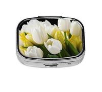 Pastillero de flores de tulipanes blancos, organizador de píldoras de metal, portátil, para bolsillo o bolso, organizador decorativo de medicamentos, contenedor de vitaminas