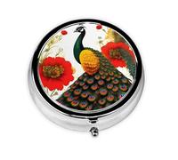 Pastillero de flores rojas de pavo real y pastillero redondo, pastillero de 3 compartimentos, para bolso o bolsillo, pastillero portátil de viaje