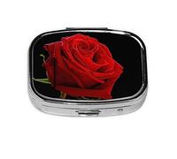 Pastillero de fondo negro con rosa roja y negro, organizador de píldoras de metal, pastillero portátil para bolsillo o bolso, organizador decorativo de medicamentos, contenedor de vitaminas