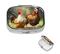Pastillero de gallinas rústicas con espejo, 2 compartimentos, decorativo para bolso o bolsillo, organizador de píldoras cuadrado pequeño, organizador semanal de metal, medicina, tableta, soporte de