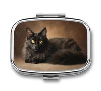 Pastillero de gato negro con ojos amarillos, pastillero de 2 compartimentos, portátil, organizador de píldoras de viaje para bolso de bolsillo