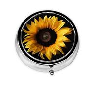 Pastillero de girasol sobre fondo negro con espejo, pastillero pequeño de 3 compartimentos para bolso o bolsillo, mini pastillero de metal para viajes, semanal, medicina, tableta, organizador de