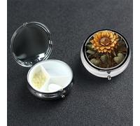 Pastillero de girasol sobre fondo negro, pastillero de metal con 3 compartimentos, organizador de pastillas portátil de viaje para bolsillo o bolso, caja redonda decorativa para medicinas, contenedor