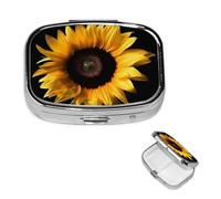 Pastillero de girasol sobre fondo negro, pequeño pastillero para bolsillo de bolso, organizador de píldoras de medicina de 3 compartimentos, pastillero portátil de viaje, pastillero de metal para
