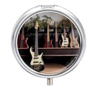 Pastillero de guitarra y bajo, organizador de píldoras de viaje de 3 compartimentos 3 veces al día, bonito estuche para bolso y bolsillo, portátil, de metal, con espejo, redondo, contenedor de