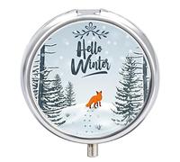 Pastillero de invierno con diseño de bosque de zorros, 2 compartimentos, portátil, organizador de pastillas de viaje